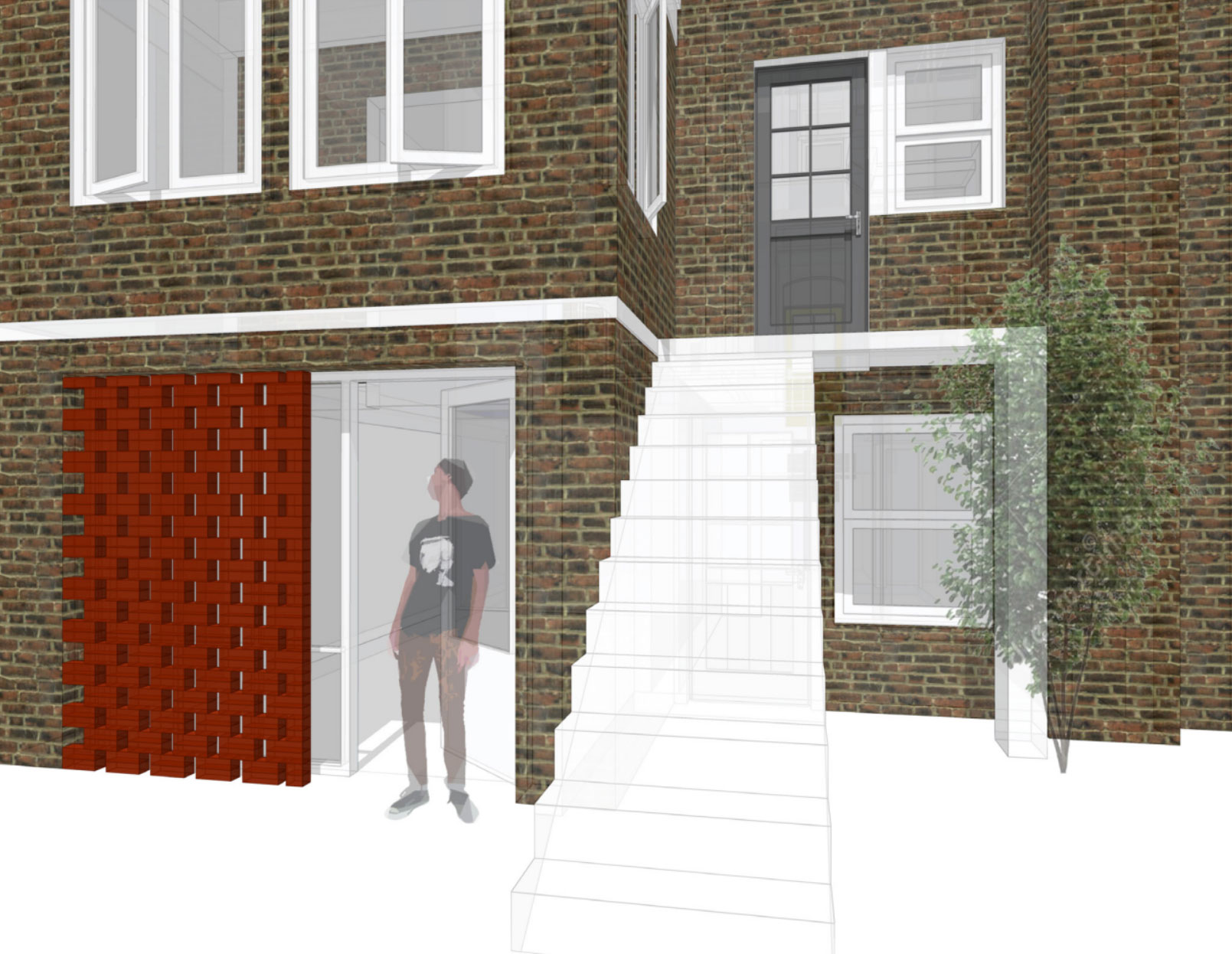 This rendering shows a brick screen installed in the existing masonry opening. It serves as a protective layer to the glass storefront behind it and also as a shading device.