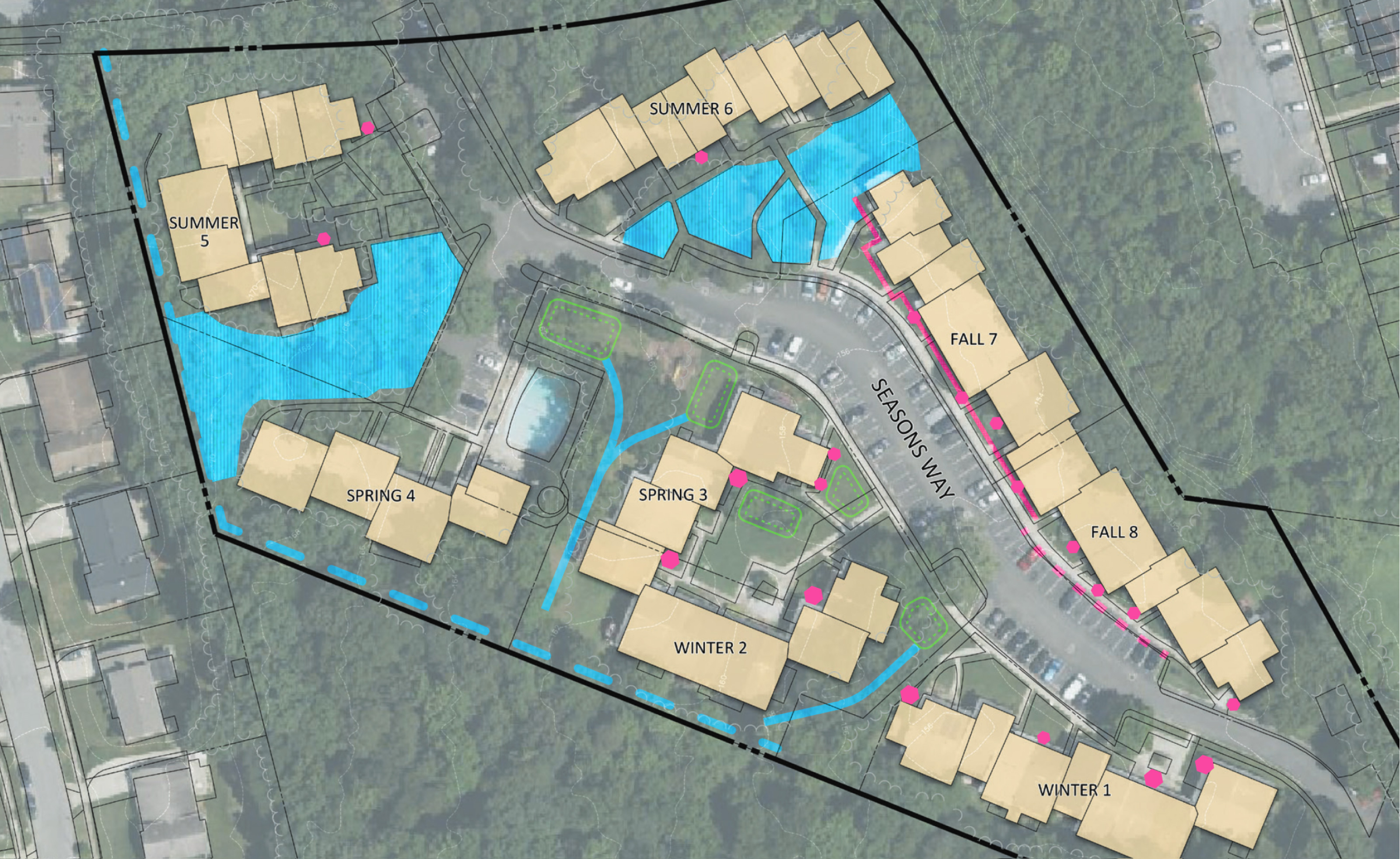 This stormwater plan includes many affordable solutions: rain barrels, curb stops, french drains, rain gardens, swales, berms, soil amendment, and woodland planting or reseeding.