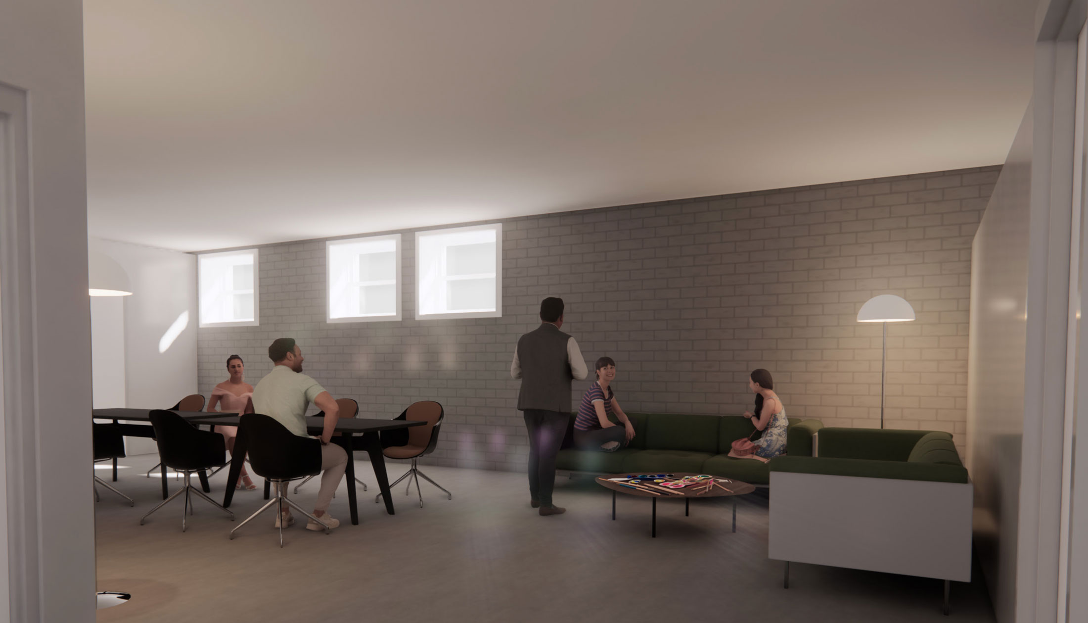 Basement rendering of Baltimore’s Eubie Blake Cultural Center, showing people in cozy mixed-use shared space. Design is part of our Arts Space Technical Assistance program.