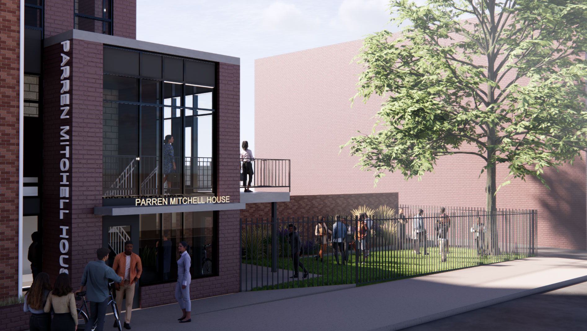Rendering of restored Parren Mitchell House with large signage designating the site as a place of importance. Guests explore its many floors and look out on balcony at others conversing in grassy courtyard. Rendering by Quinn Evans.