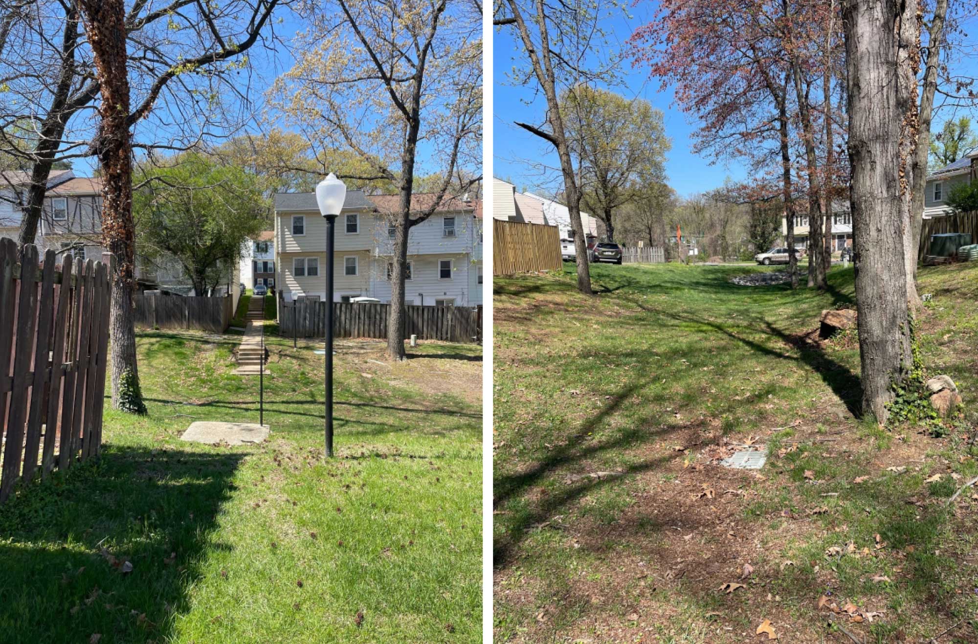 Hanson Oaks neighborhood shared space. Exisiting conditions show a long grassy stretch that drastically slopes down.