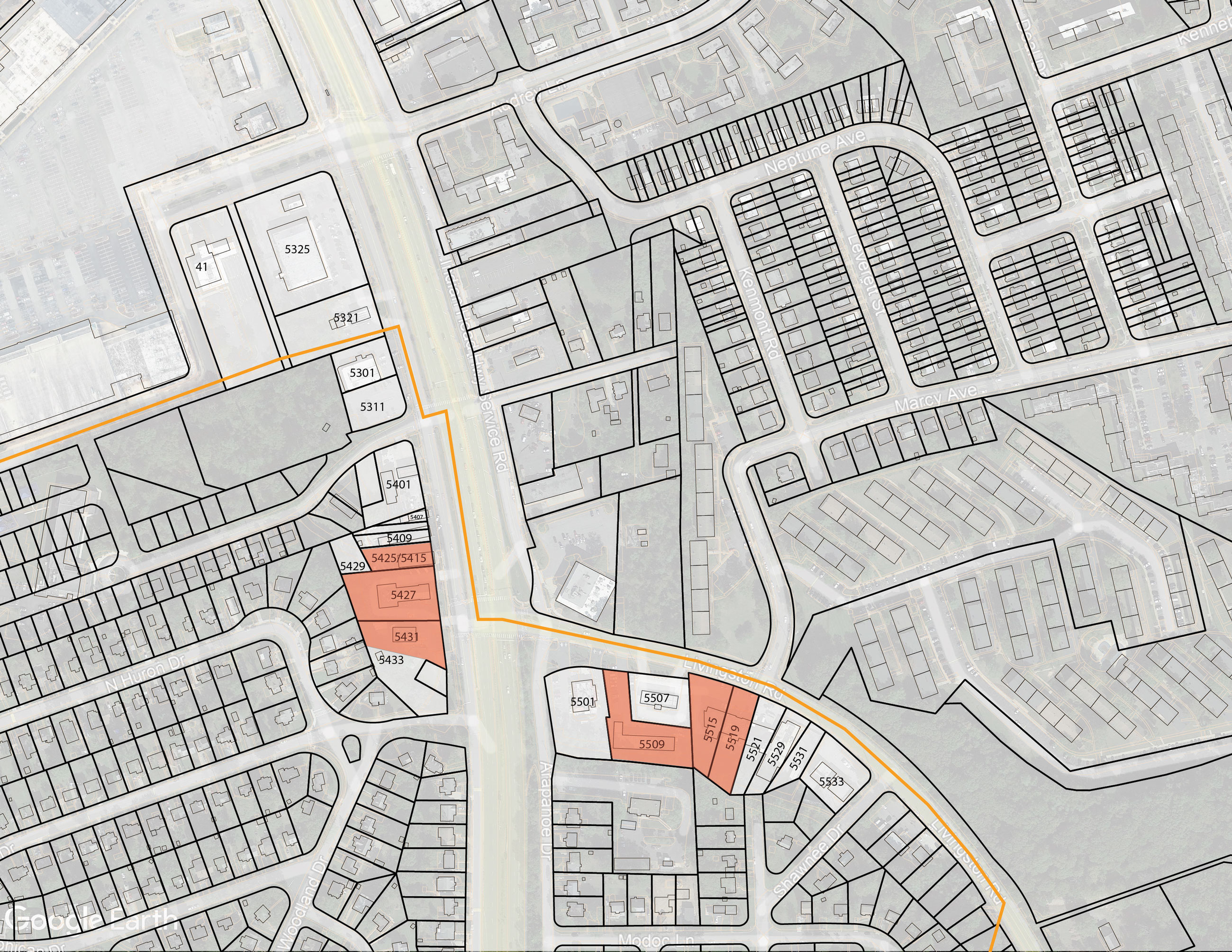 An overhead map showing the five businesses selected to participate in the facade improvement program.