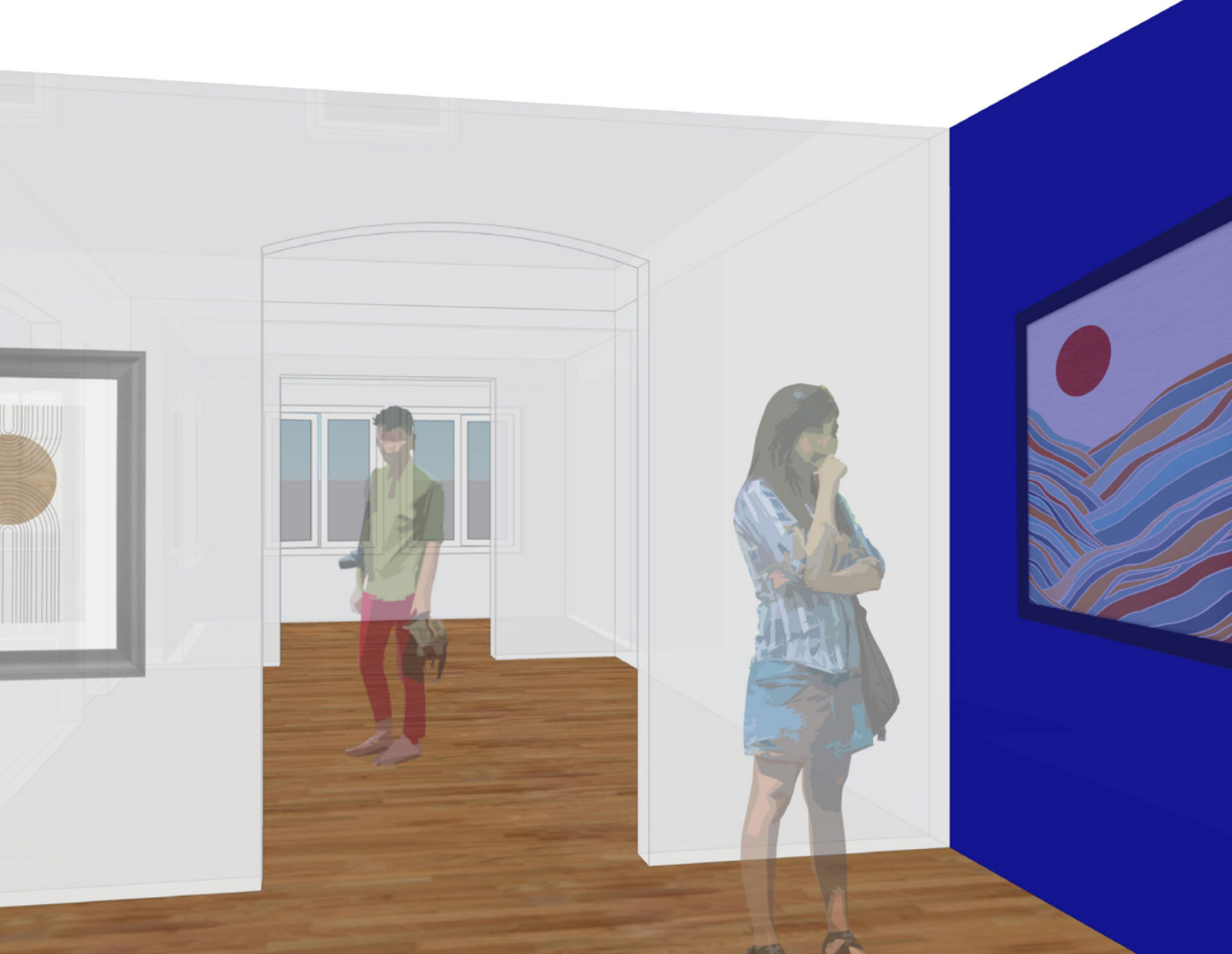 This rendering of the 360 House envisions the first floor meeting space and gallery with new neutral white paint and a blue accent wall.