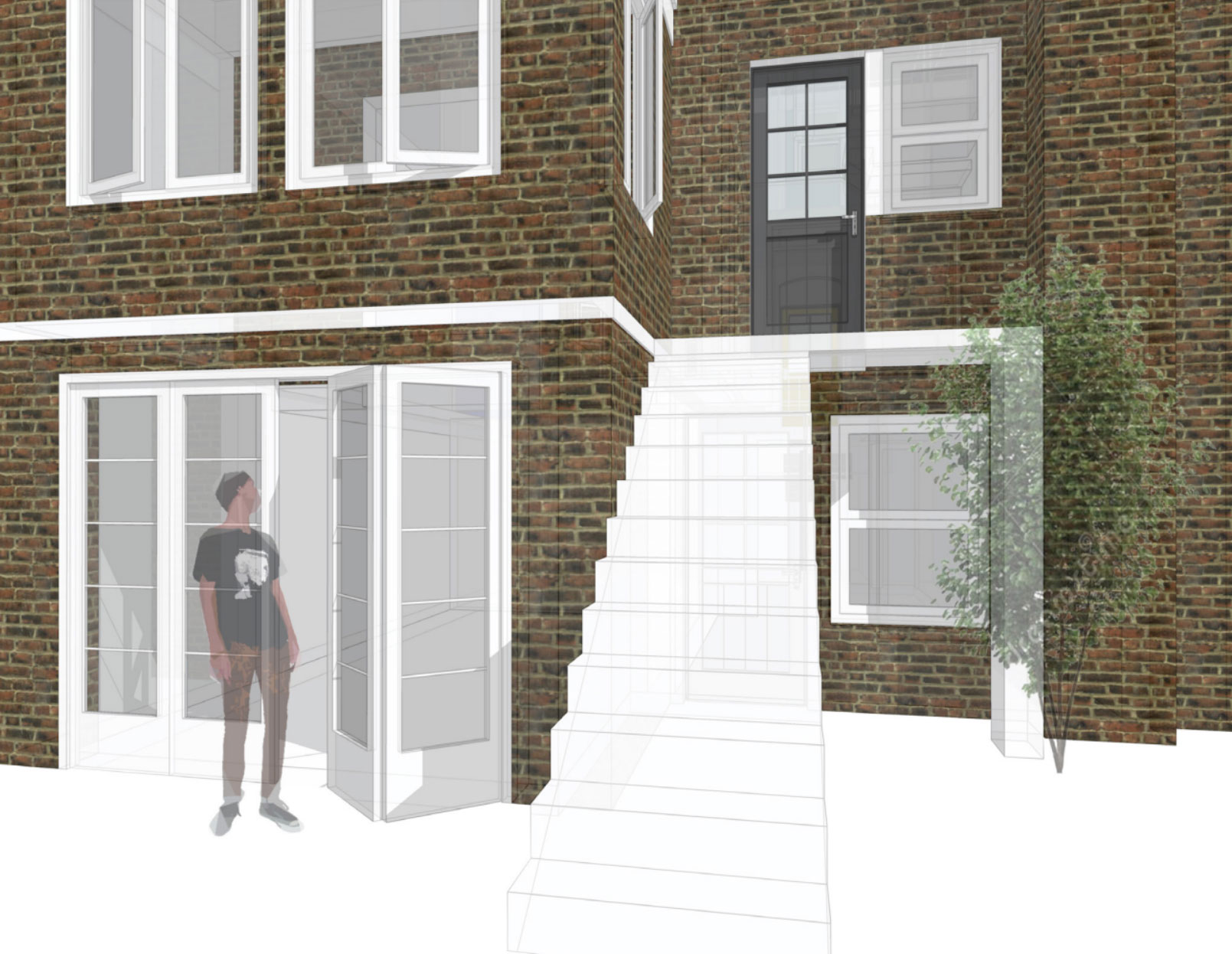 This rendering shows bifolding doors installed in the existing masonry openings which allows for the entire opening to be opened on nice weather days.