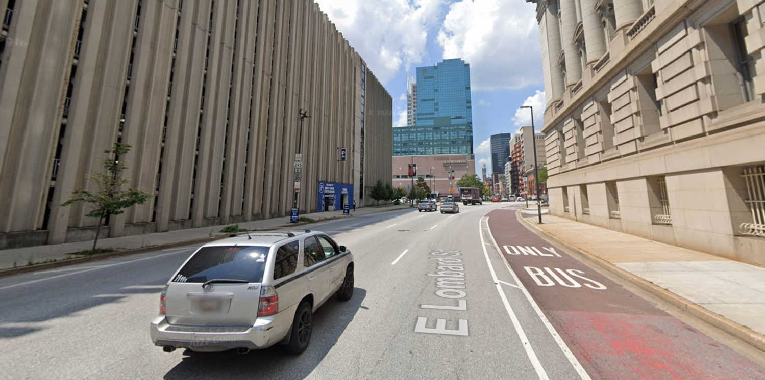 Austere, concrete blocks in downtown Baltimore from Google Maps.