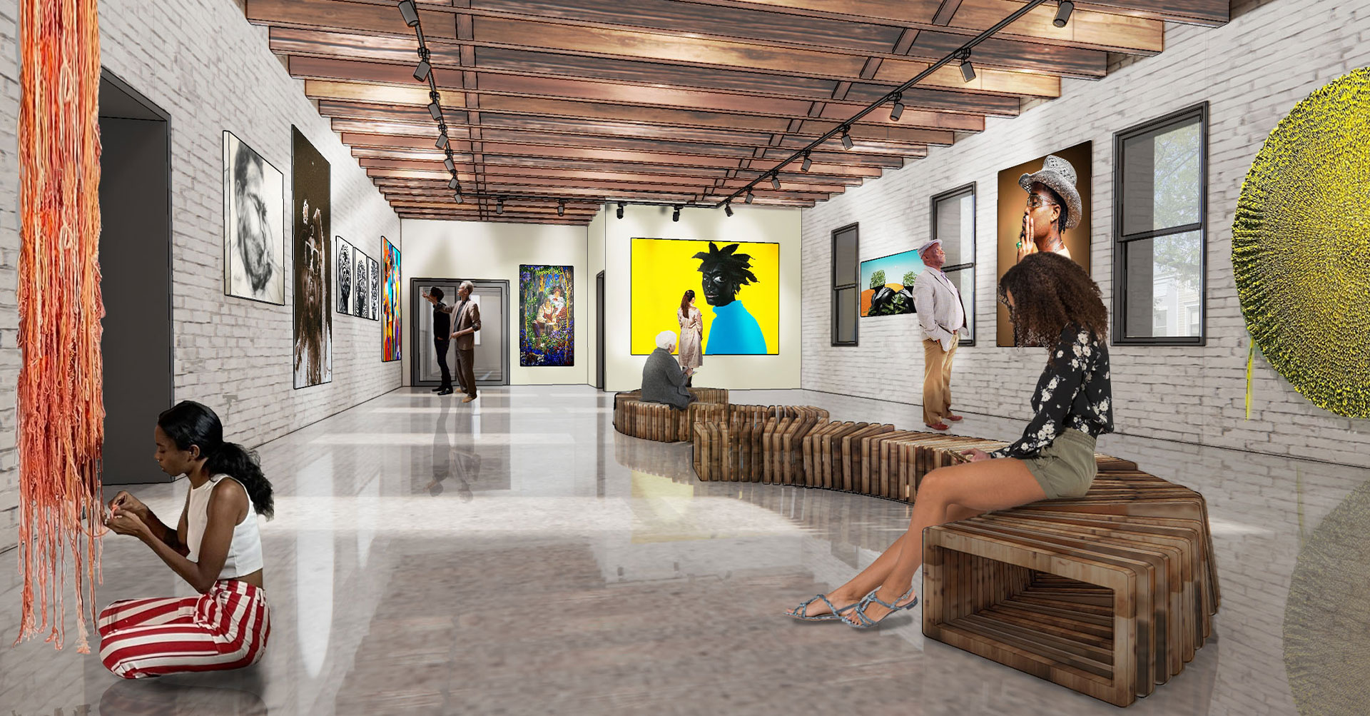 An interior rendering of Center for Social Impact in Irvington, Baltimore showing the white brick gallery space with slatted ceiling panels. Patrons look at eclectic art on walls. 