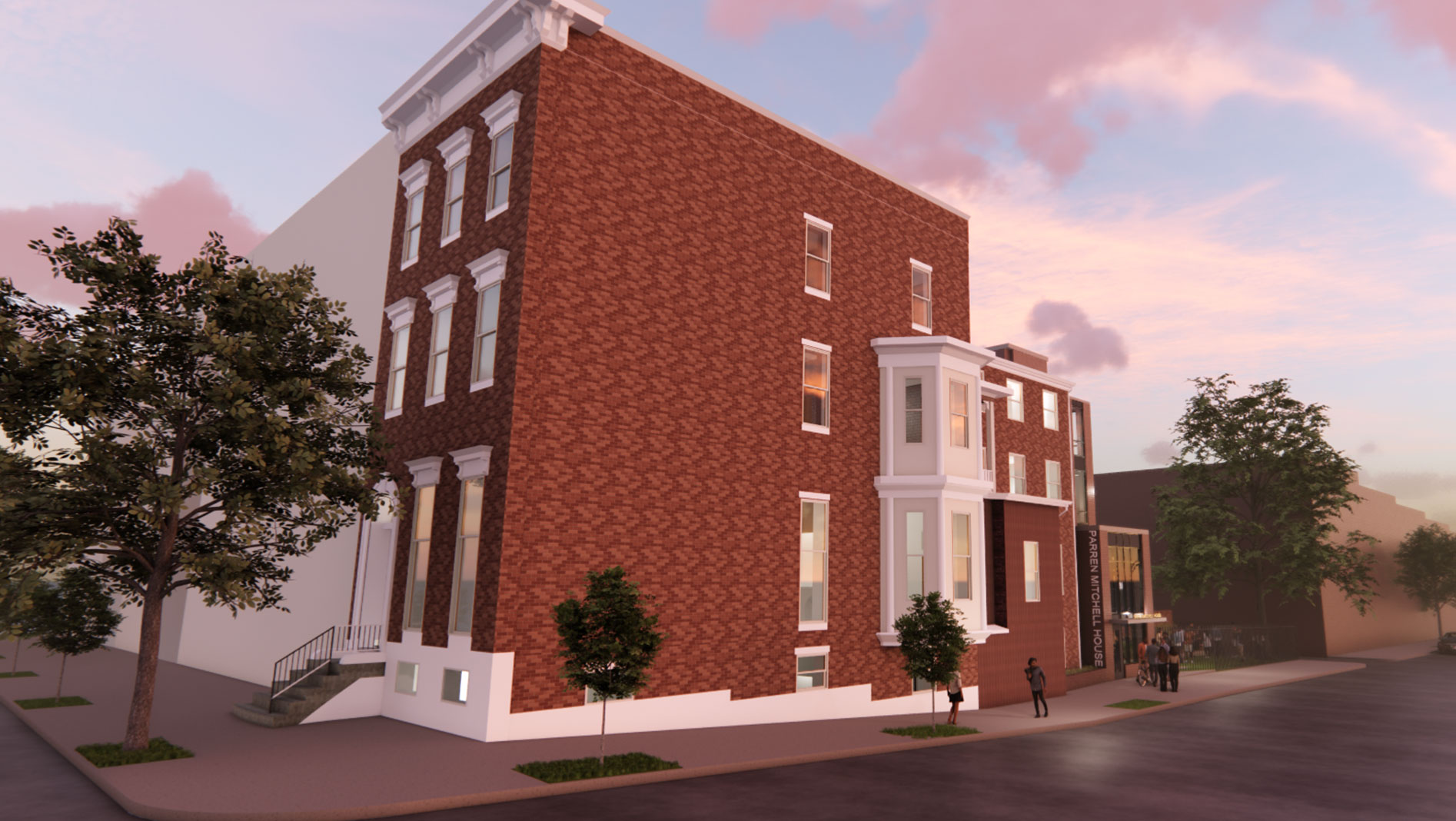Rendering of restored Parren Mitchell House showing charming Baltimore brickwork and historic front exterior. Rendering by Quinn Evans.