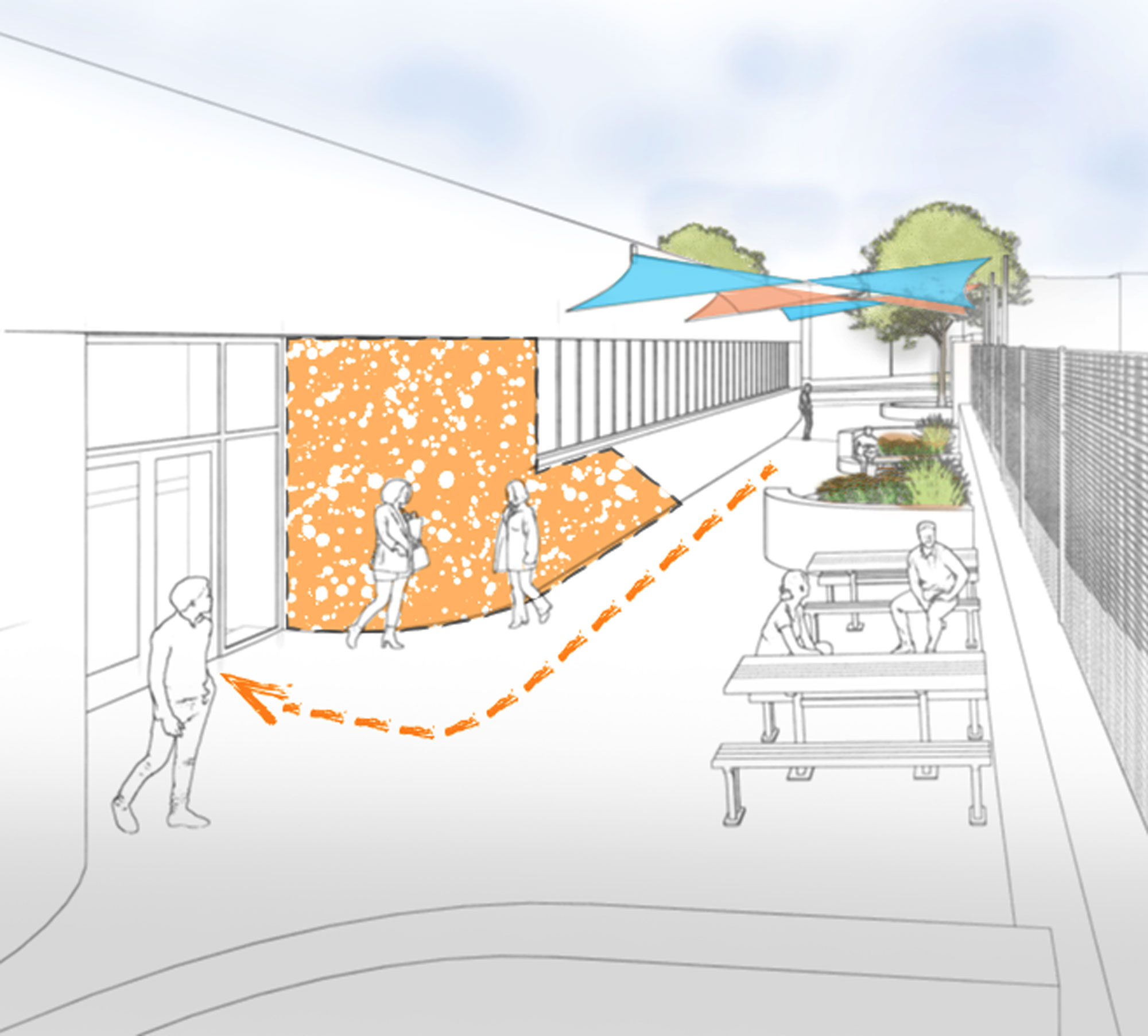 Rendering of more welcoming and intuitive YO Baltimore main entrance corridor with signage, art, seating, shade, and trees. Design by Gina Walker.