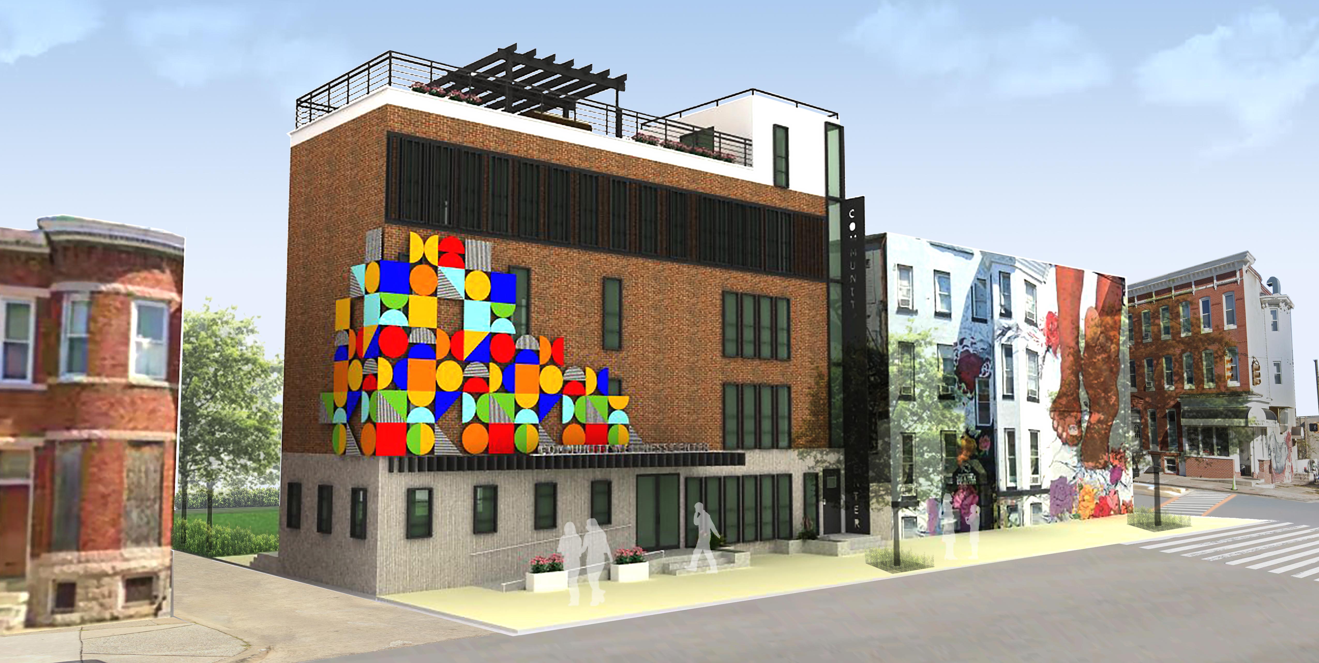 Conceptual rendering of Harlem Park Wellness Hub, with A Step Forward, Inc, in Baltimore. Left-side view of modern multi-story brick building with colorful geometric sculptural mural.