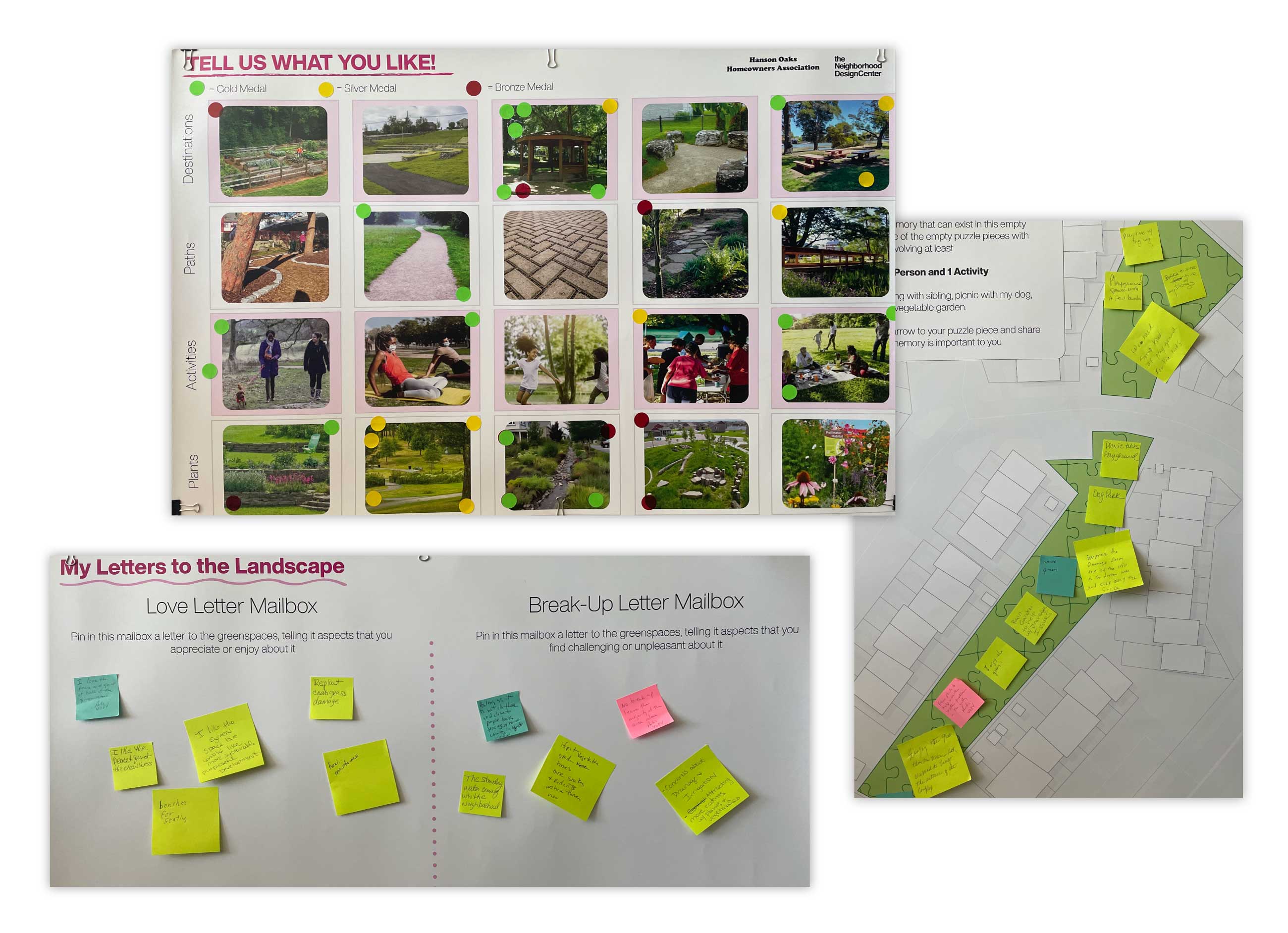 Engagement activity boards with sticky notes and dot stickers on precedent images.