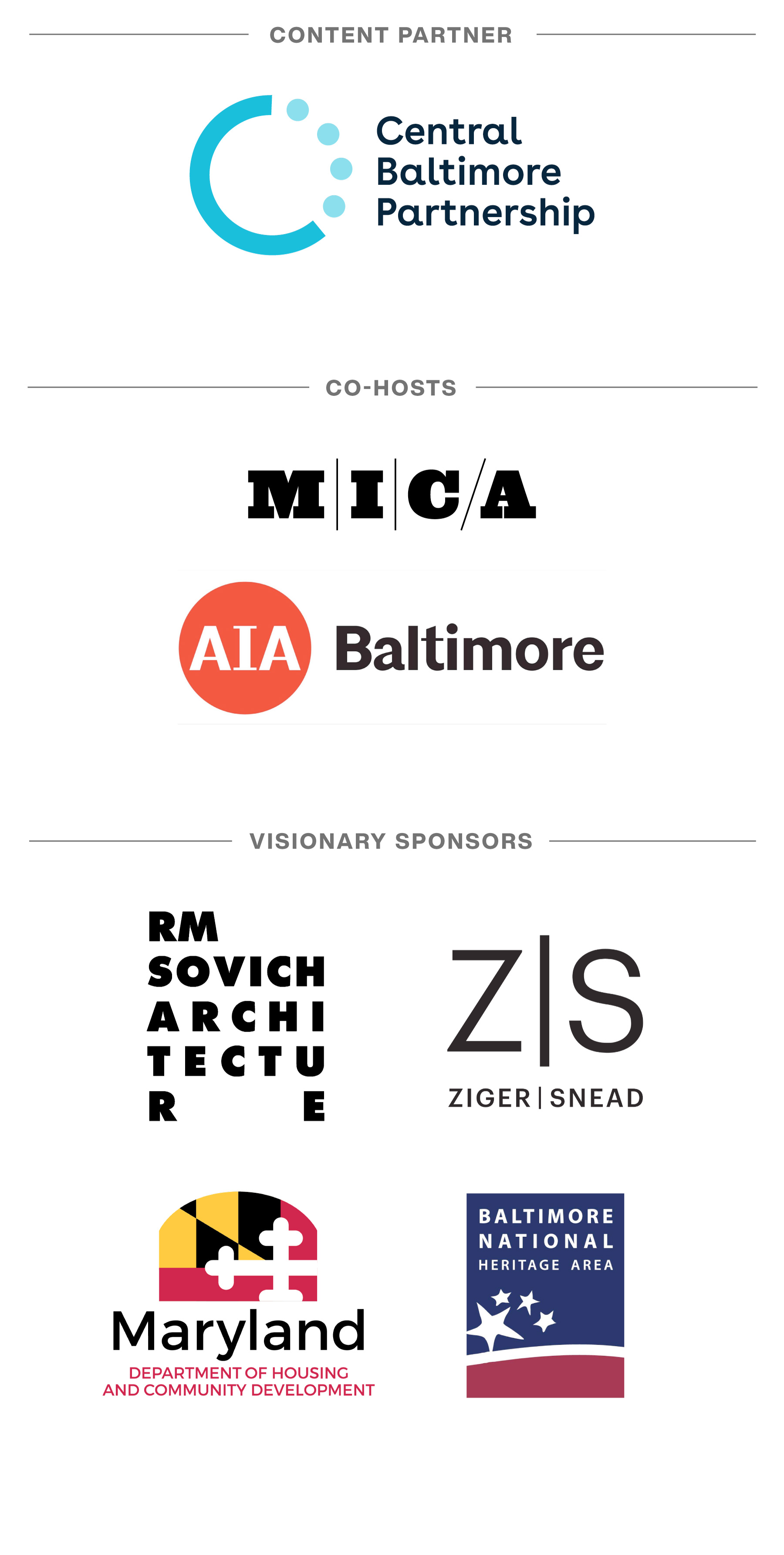 Sponsors include Central Baltimore Partnership, MICA, AIA Baltimore, RM Sovich Architecture, Ziger | Snead, Maryland Department of Housing and Community Development, and Baltimore National Heritage Area.