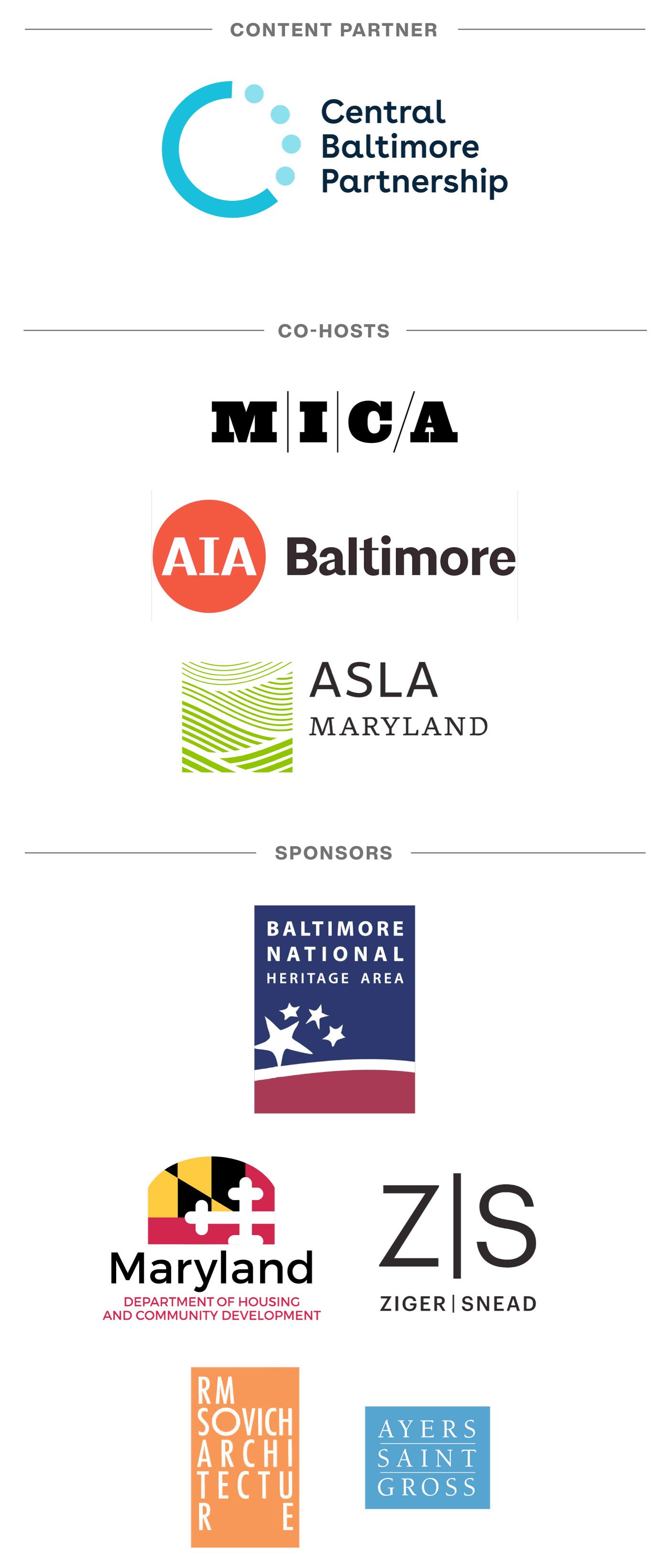 Sponsors include Central Baltimore Partnership, MICA, AIA Baltimore, ASLA Baltimore, RM Sovich Architecture, Ziger | Snead, Maryland Department of Housing and Community Development, Baltimore National Heritage Area, and Ayers Saint Gross.