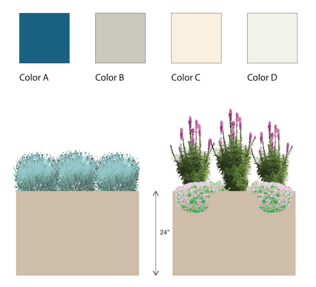 Proposed paint palette for façade improvements with directions on what should go where, plus sample planters showing placement of low-maintenance selections, including little bluestem, creeping phlox, and blazing star.
