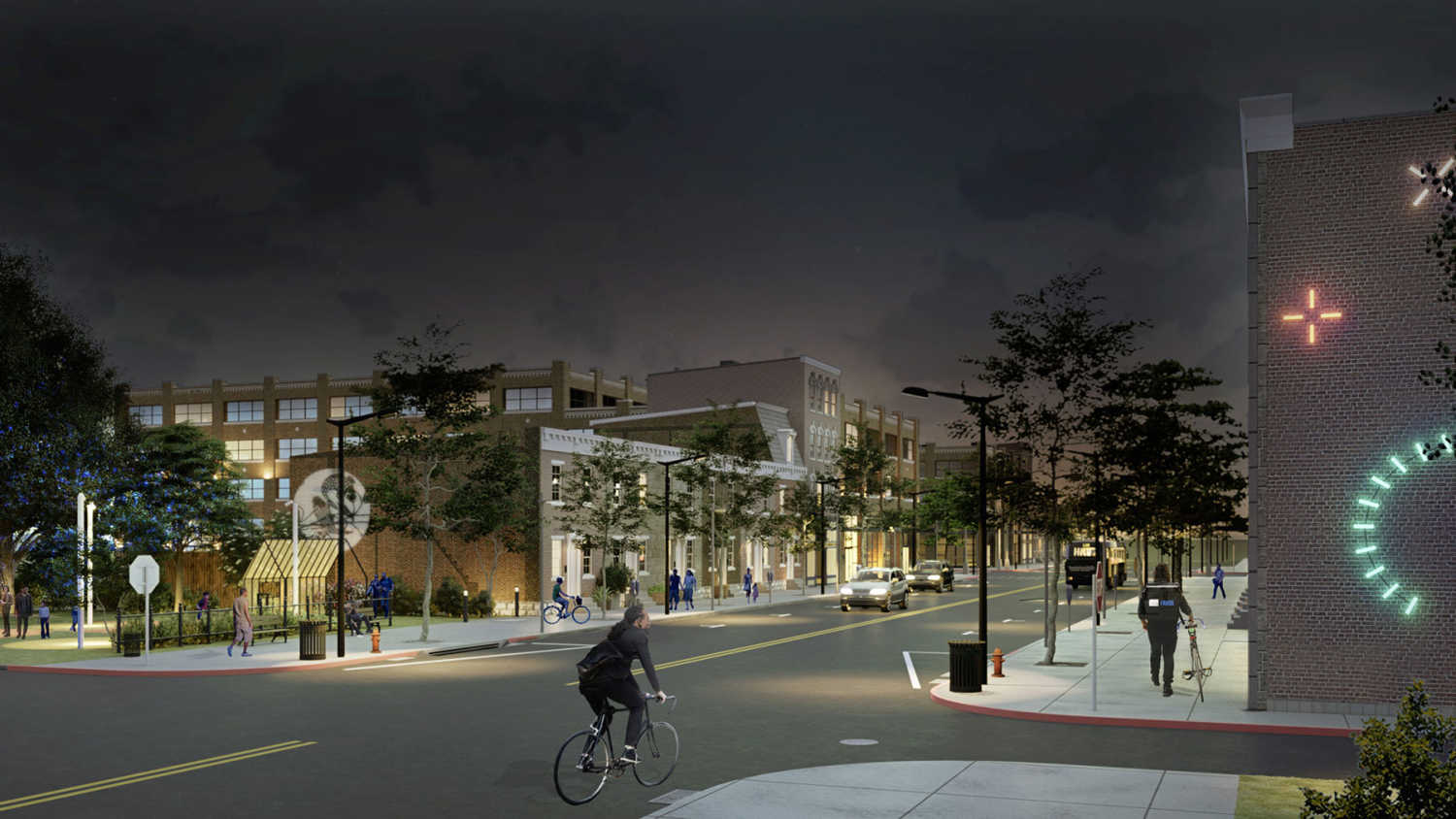 This rendering by PI.KL Studio visualizes an inviting nighttime environment that includes many of the
lighting elements, light art installations, and recommendations from the Signal Station North Lighting Plan.