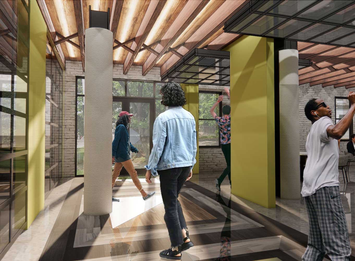 Interior renderings of chic, designerly hall space with slatted ceiling panels at Center for Social Impact in Irvington, Baltimore.