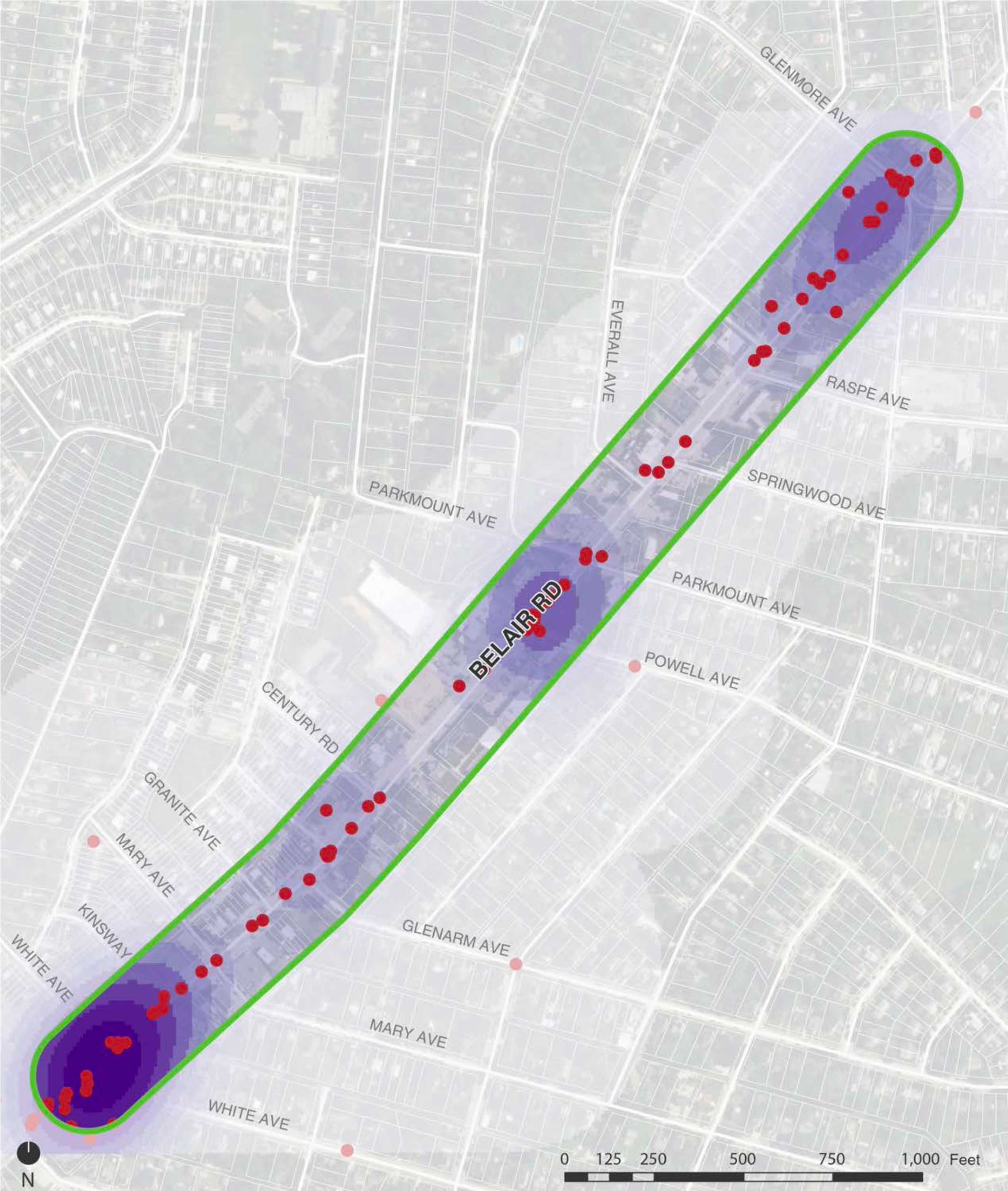 Area of study: Crash Data — A kernel density analysis reveals distinct crash “hot spots” concentrated at major intersections and near driveways serving auto-oriented commercial properties, where frequent turning conflicts and access-related incidents are intensified by high vehicle volumes and numerous curb cuts. 
