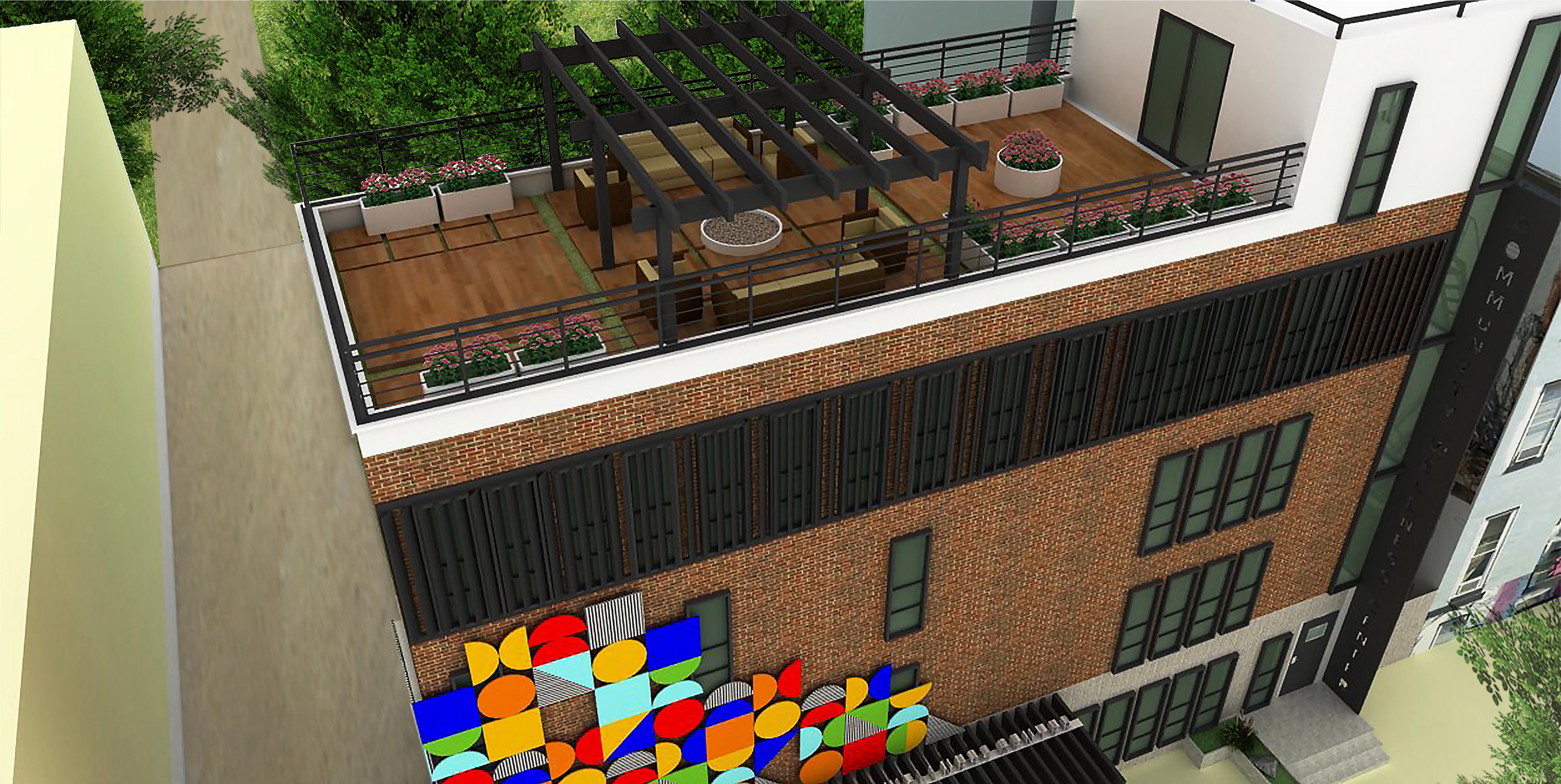 Conceptual rendering of Harlem Park Wellness Hub, with A Step Forward, Inc, in Baltimore. Top view of modern multi-story brick building, showing the roof deck furnished with railings, seating, planters, and pergola.