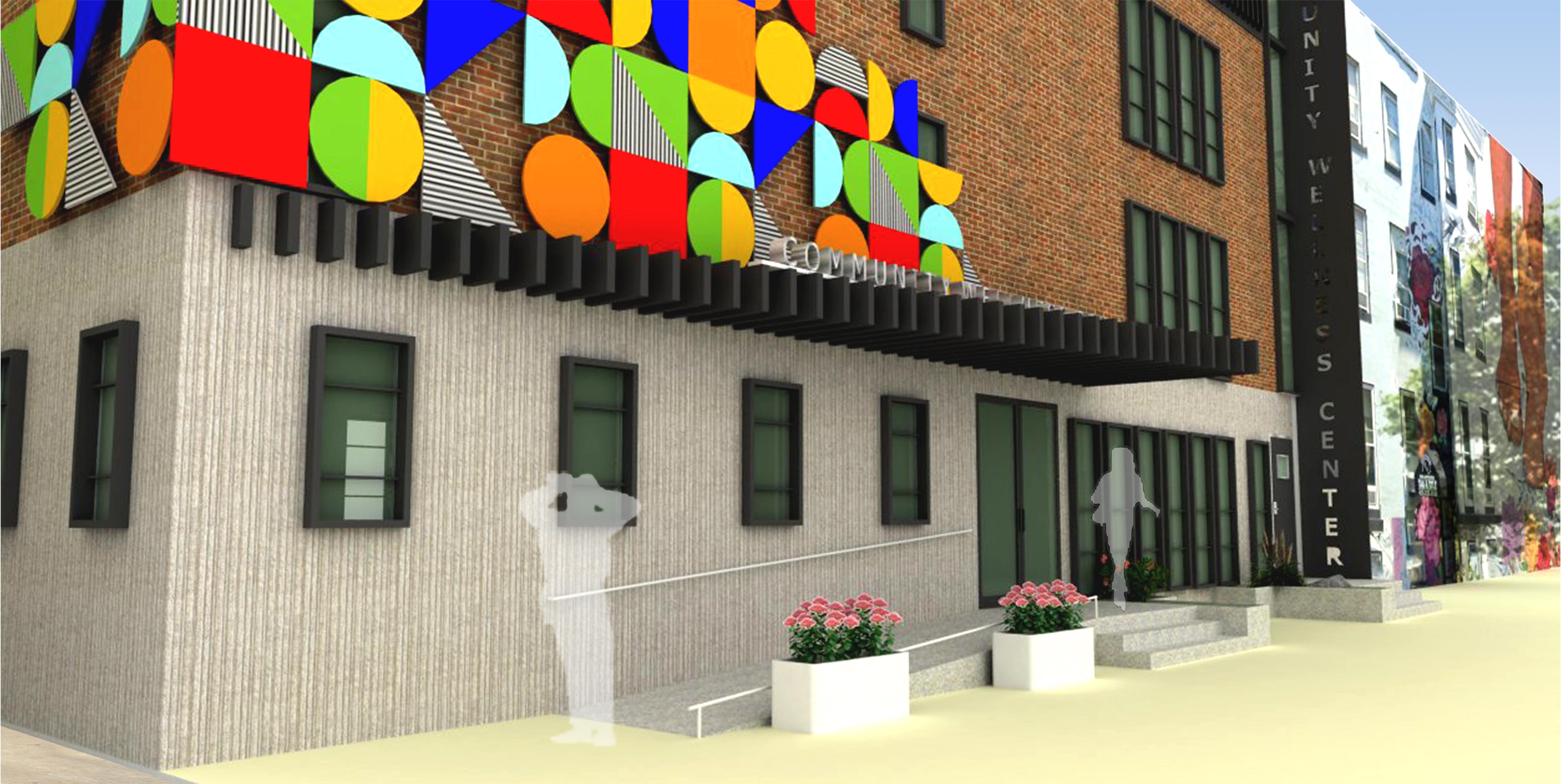 Conceptual rendering of Harlem Park Wellness Hub, with A Step Forward, Inc, in Baltimore. Closeup view of main entrance, highlighting ramp, [planters, and impactful metal signage.