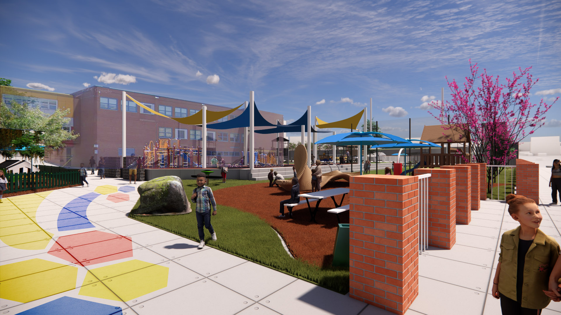 Mt. Royal Elementary Middle Playground Rendering: Showing entrance with pavement art, seating, shade sails, and designated areas for different ages.