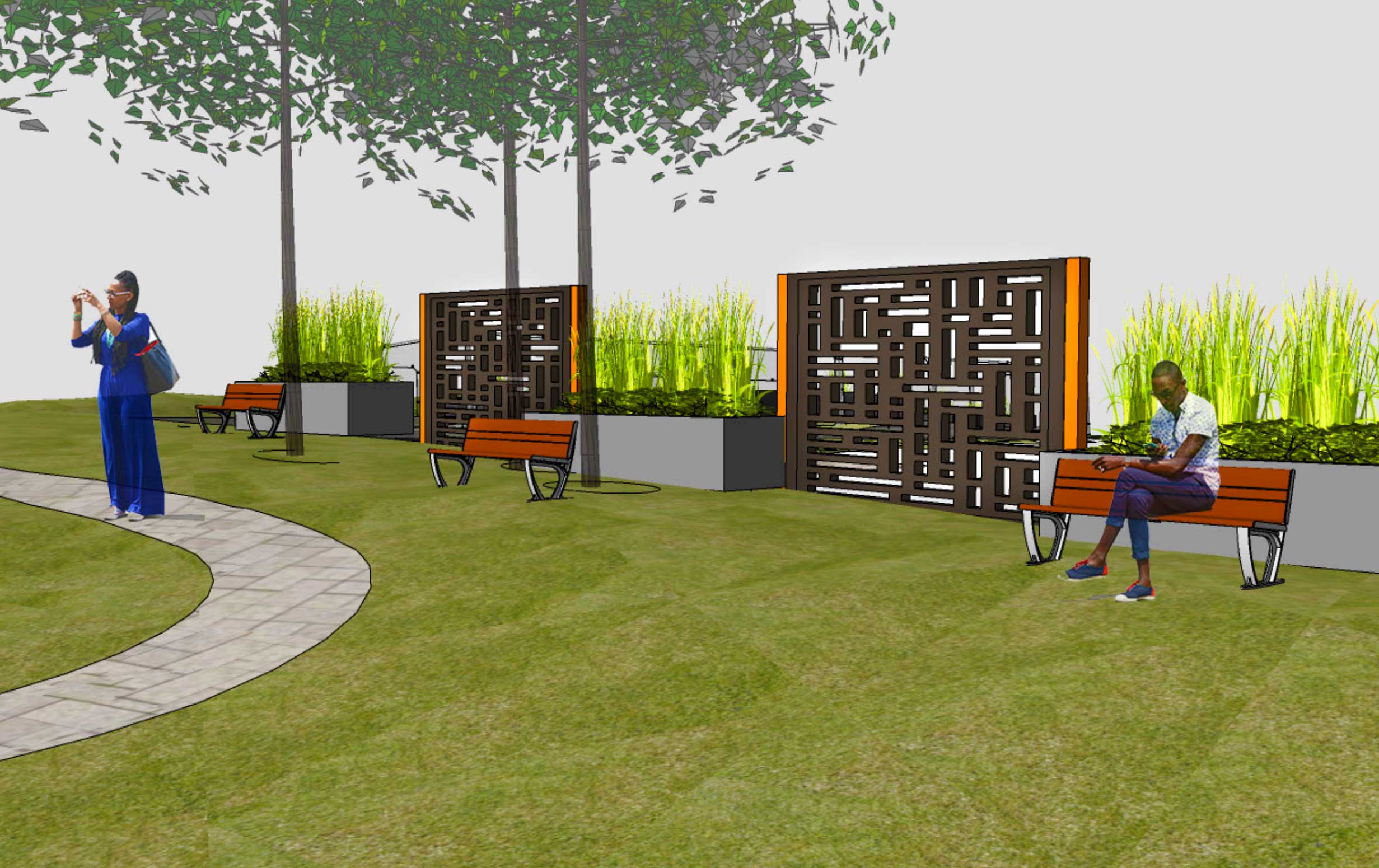 Vibrant park scene of Fiesta Place, District Heights, Maryland. Geometric art walls, benches, and planters section off the edge of the park.