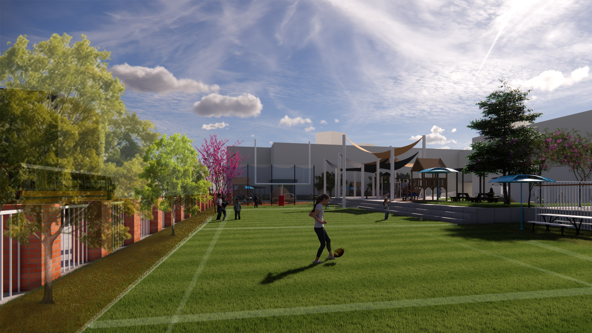 Mt. Royal Elementary Middle Playground Rendering: Showing long turf football field with tall net behind goal, fence lined with new tree plantings.
