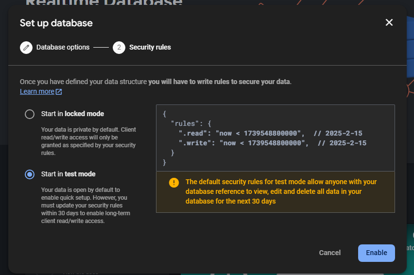 Create Realtime Database - Security Rules for test mode