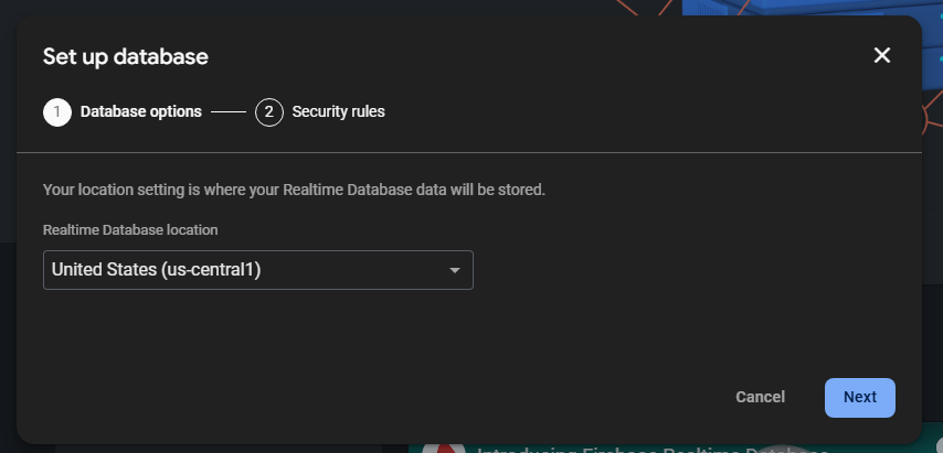 Create realtime database - Choose location