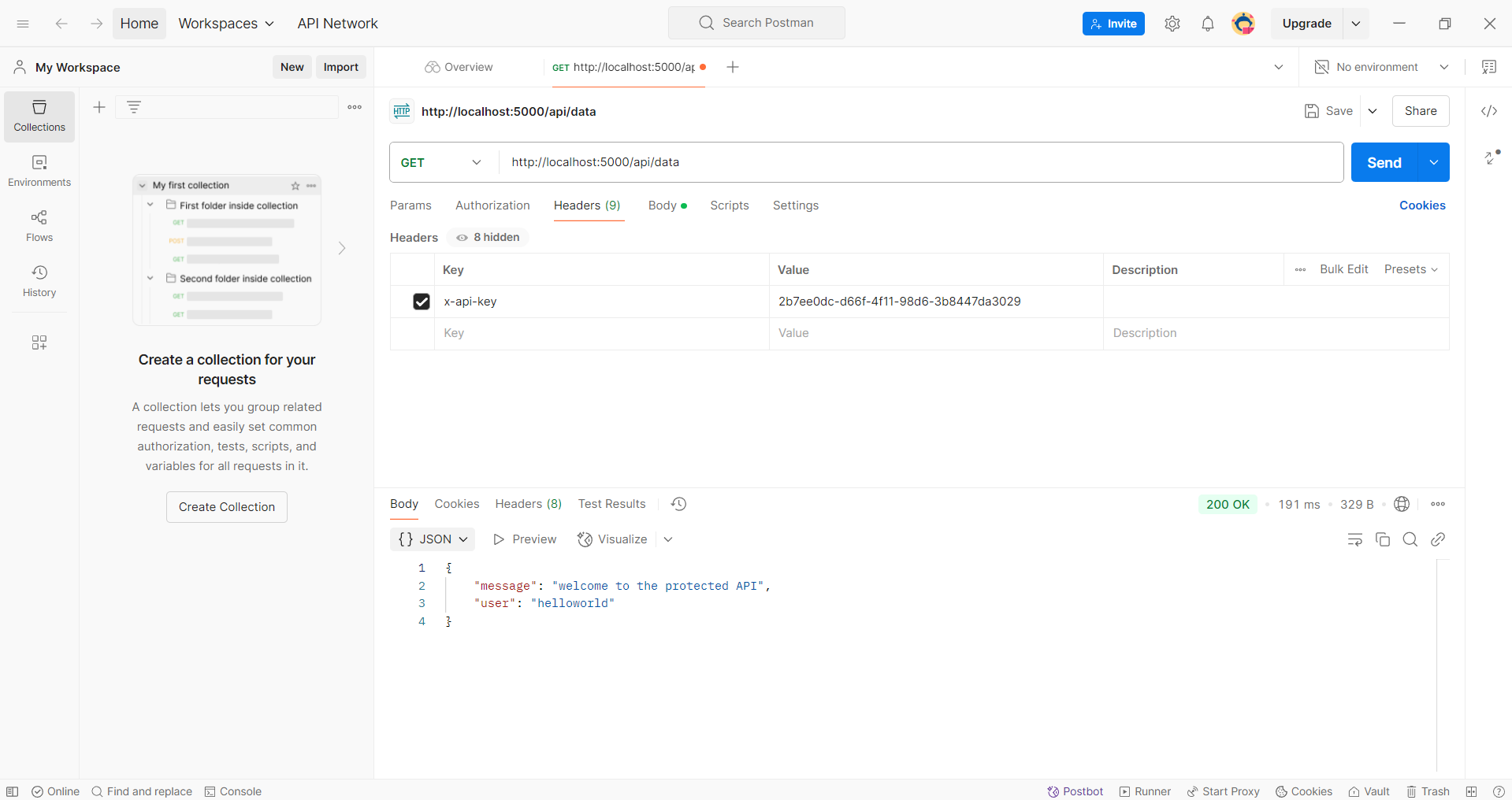 Postman - Protected API route working