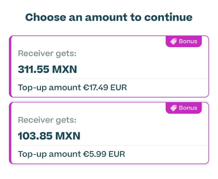 Step 3 of how to recharge a number in México: Select an amount