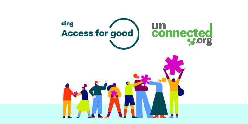 Illustration of diverse people holding symbols under logos of "ding Access for good" and "unconnected.org"