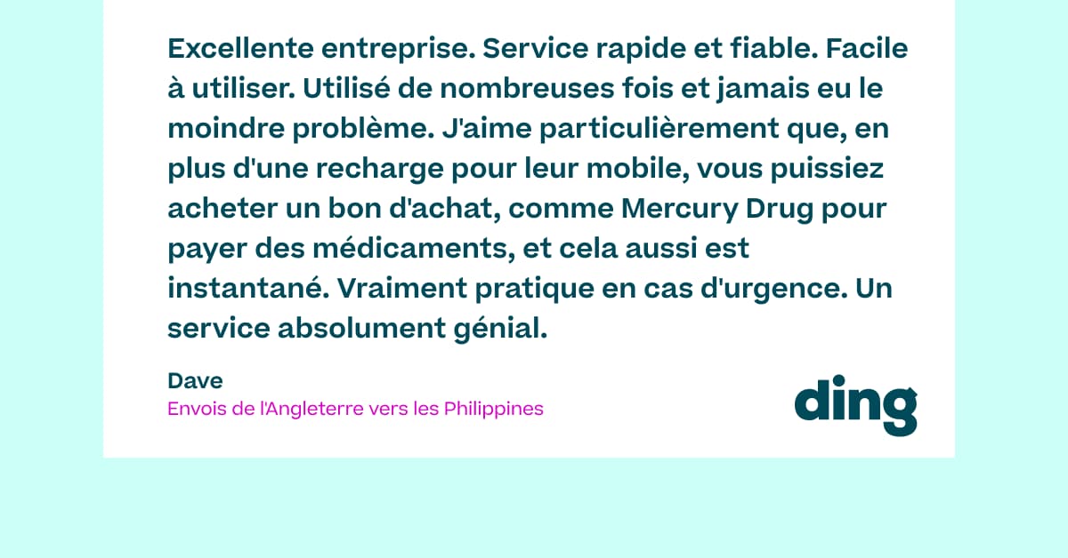 Excellente entreprise. Service rapide et fiable. Facile à utiliser. Utilisé de nombreuses fois et jamais eu le moindre problème. J'aime particulièrement que, en plus d'une recharge pour leur mobile, vous puissiez acheter un bon d'achat, comme Mercury Drug pour payer des médicaments, et cela aussi est instantané. Vraiment pratique en cas d'urgence. Un service absolument génial.