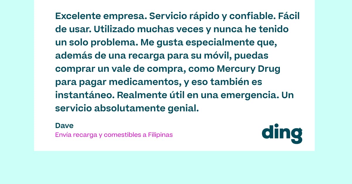 Excelente empresa. Servicio rápido y confiable. Fácil de usar. Utilizado muchas veces y nunca he tenido un solo problema. Me gusta especialmente que, además de una recarga para su móvil, puedas comprar un vale de compra, como Mercury Drug para pagar medicamentos, y eso también es instantáneo. Realmente útil en una emergencia. Un servicio absolutamente genial.