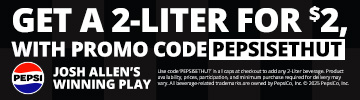 Use code ‘PEPSISETHUT’ in all caps at checkout to add any 2-Liter beverage. Product availability, prices, participation, and minimum purchase required for delivery may vary. All beverage-related trademarks are owned by PepsiCo, Inc. © 2025 PepsiCo, Inc.