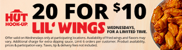 Offer valid on Wednesdays only at participating locations. Availability of fried wings and flavors may vary. Additional charge for extra dipping sauce. Limit 6 orders per customer. Product availability, prices & participation vary. Taxes, tip & delivery fees not included.