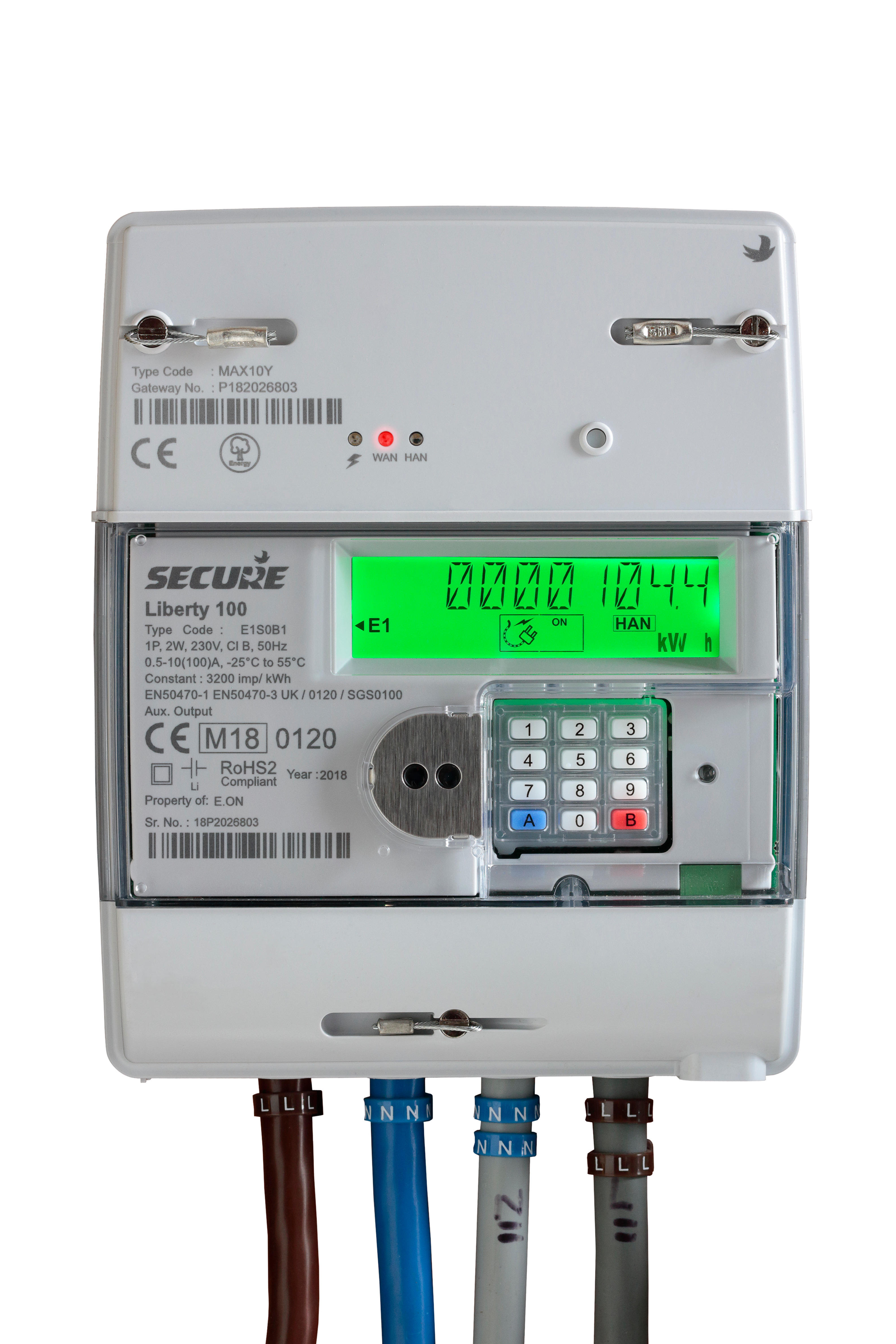 A digital electric meter with a MID marking on the left hand side. The MID mark is CE M18 0120.