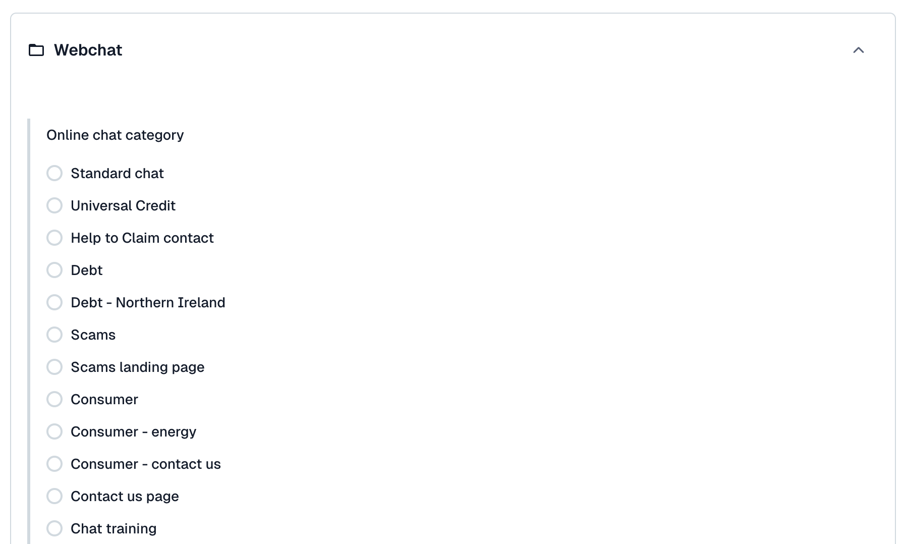 Image of the ‘Online chat category’ field. It shows a list of chat categories with tick boxes next to each one.