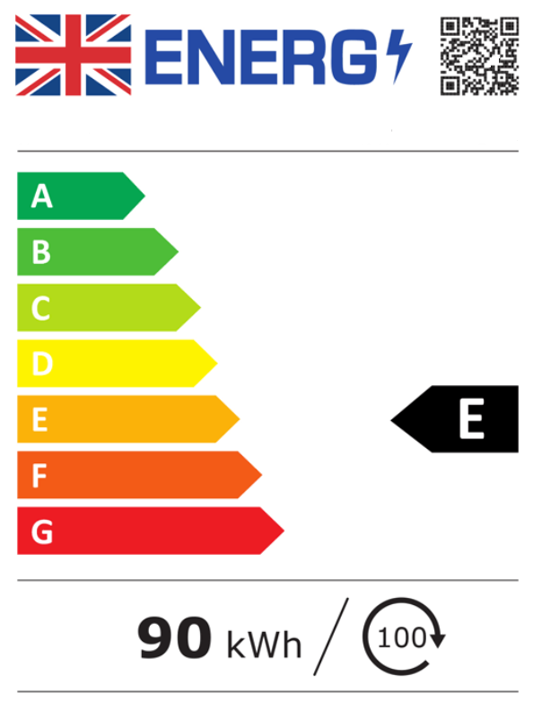 Image of an energy rating label for a washing machine. The label shows an E rating and 90 kilowatt hours of electricity used per one hundred washes.