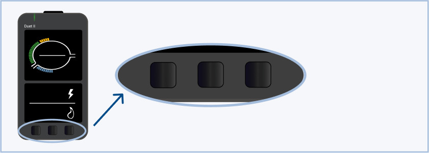 A Geo Duet II in-home display. There are 2 displays. The top display shows a circle with coloured marks around it. The bottom display shows an electricity symbol and a gas flame symbol. There is a row of 3 square buttons along the bottom. 