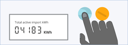 An electricity smart meter with a blue button and an orange button to the right of a screen. The screen '04183 KWh'. There are smaller letters above the numbers that say 'Total active import kWh'.