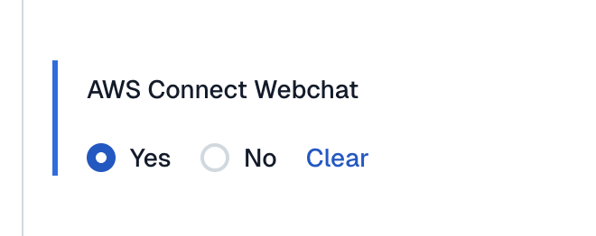 The 'AWS Connect Webchat' setting, with the 'Yes' radio button selected.