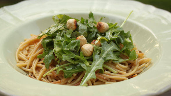 Wild Mushroom Broken Spaghetti Risotto with Arugula and Hazelnuts