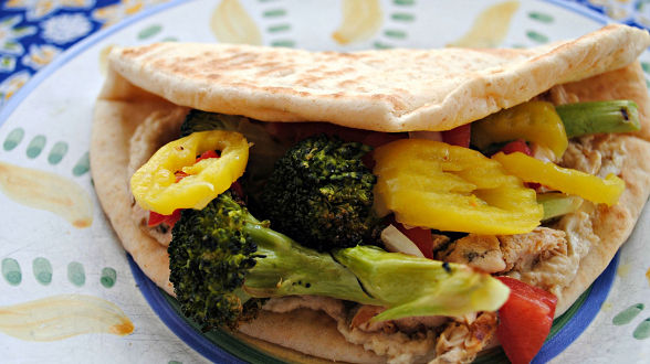 Grilled or Roasted Broccoli and Sliced Chicken Pitas with Tahini...