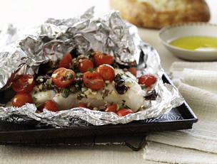 Sea Bass Puttanesca in a Foil Pouch