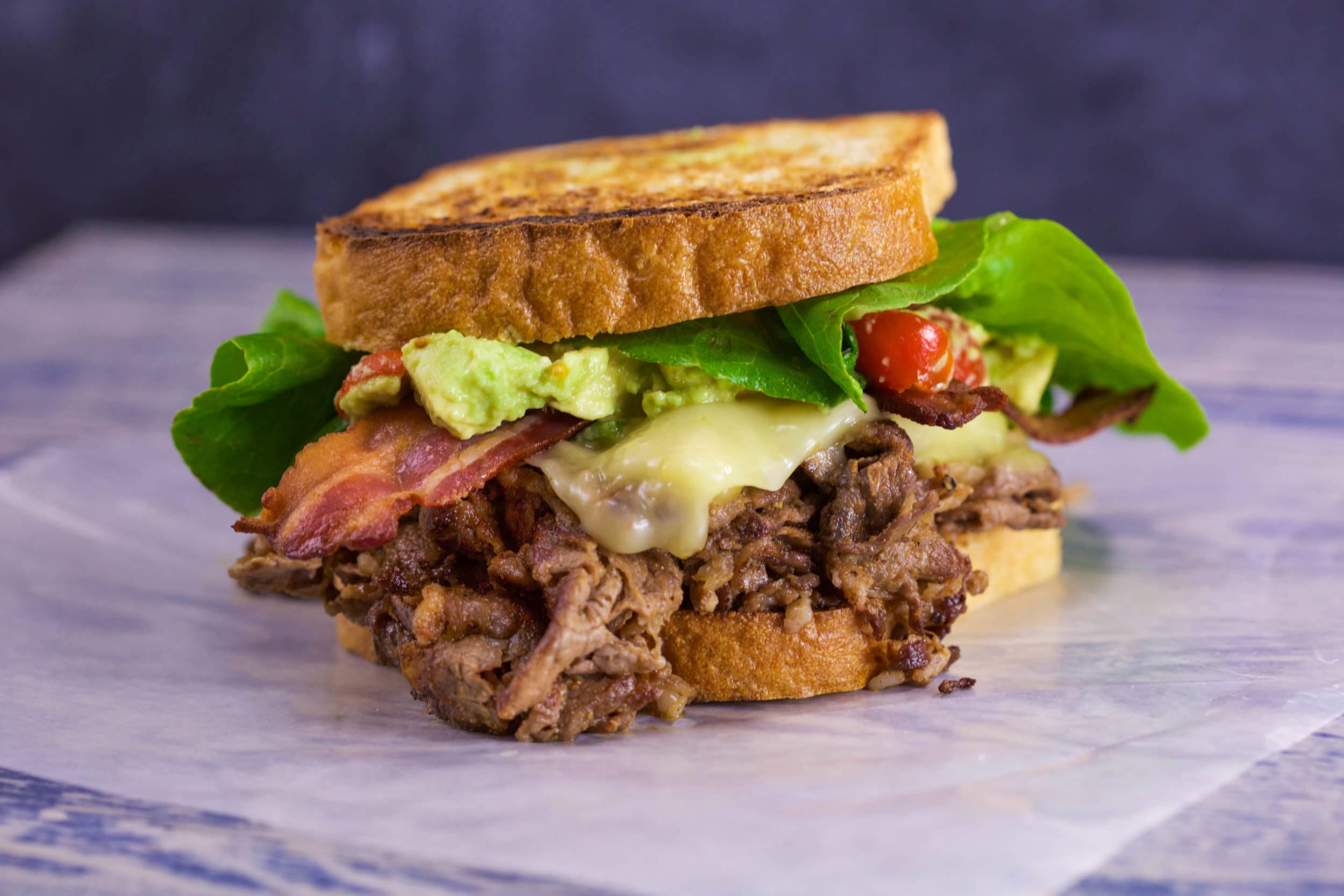 Shaved Beef ‘n Bacon Clubs with Pepper Jack and Guac