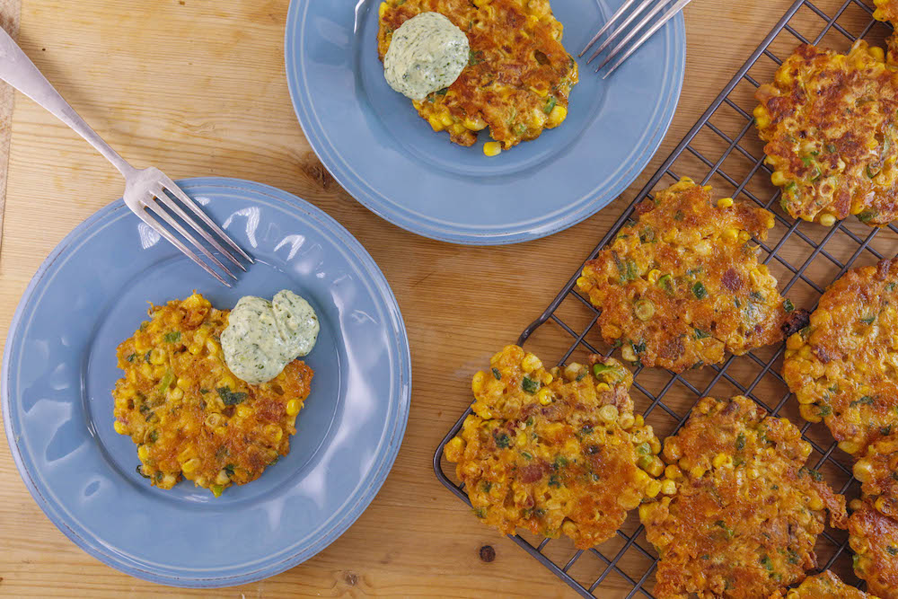 Corn-Fritter Poppers with Avo-Ranch Sauce