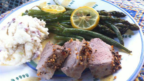 Spicy Roast Pork Tenderloin with Three-Cheese Smashed Potatoes and Roasted...