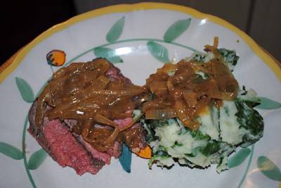Steak Out: Drunken Onion Gravy over Sliced Steak with Mashed...