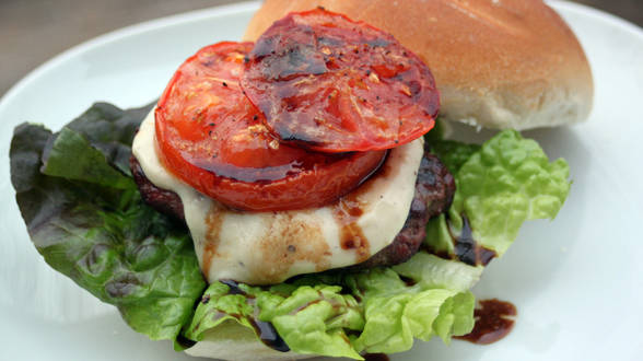 Sirloin Burgers with Garlic-Black Pepper-Parmesan Sauce and Roasted Tomatoes with...