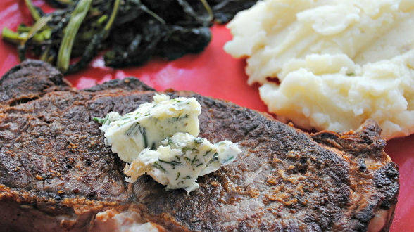 Strip Steaks with Rosemary-Garlic Butter, Taleggio Mashed Potatoes and Roasted...