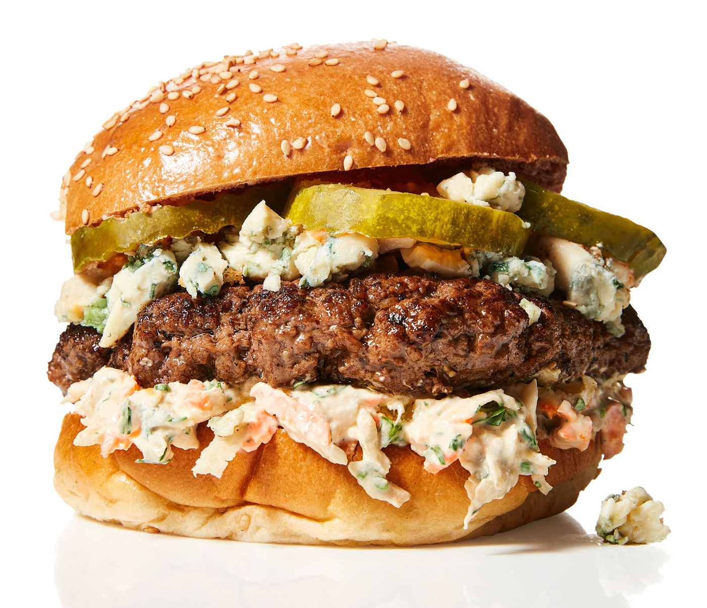 Buffalo-Style Blue Cheese Burgers with Sour Cream & Celery Root Slaw